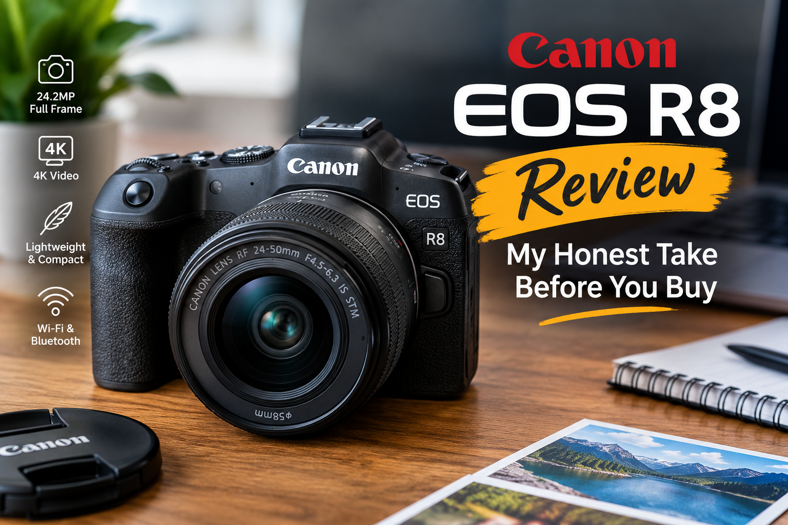 Canon EOS R8 full-frame mirrorless camera with lens attached