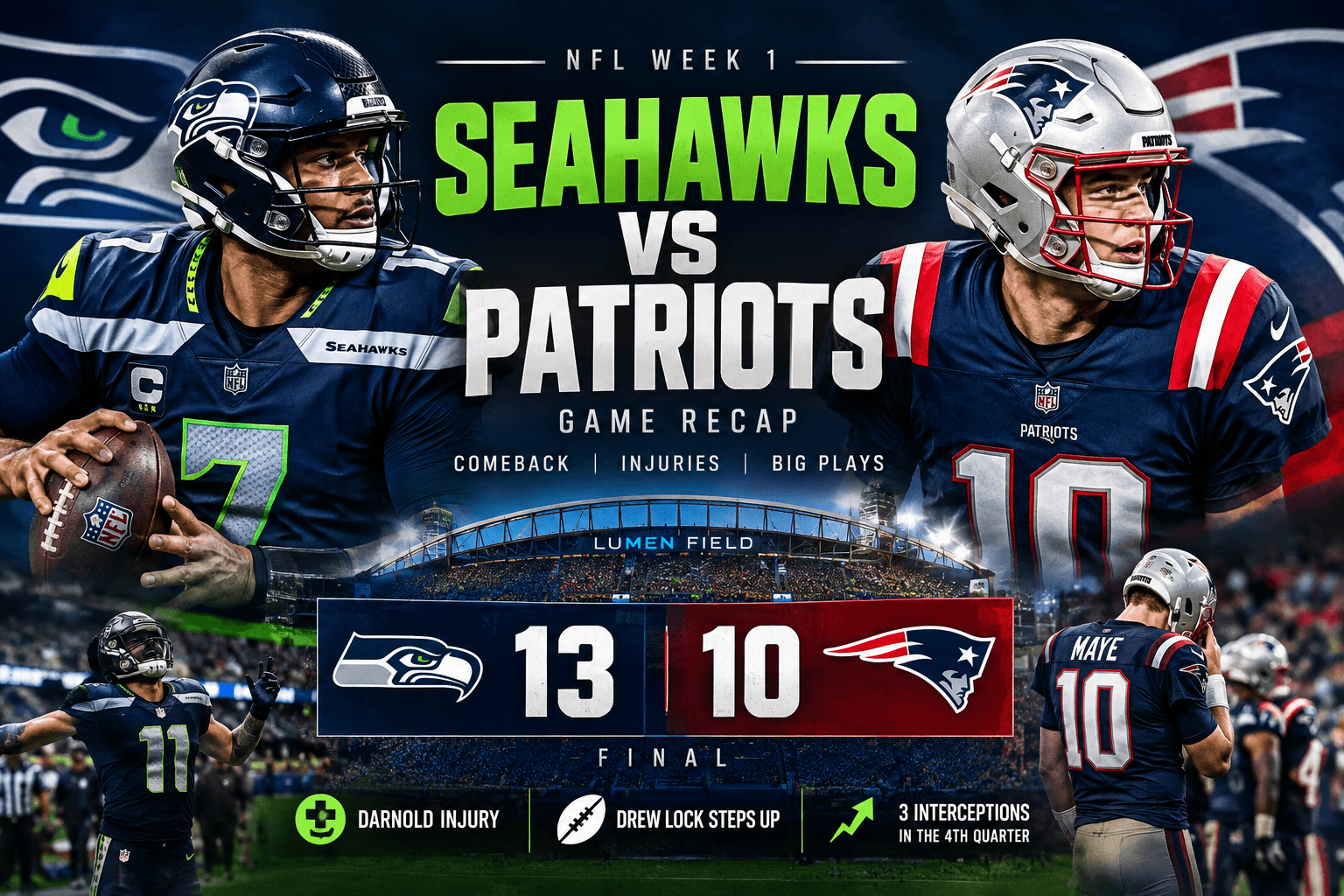Seahawks vs Patriots Week 1 game action at Lumen Field