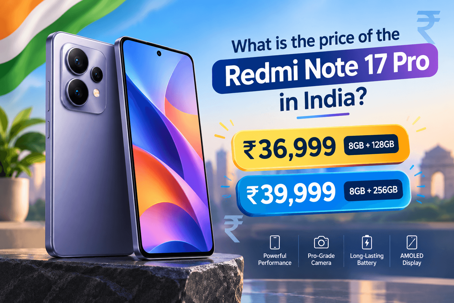 Redmi Note 17 Pro price in India — front and back view showing Cloud Blue colour