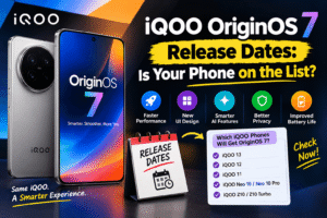 iQOO phone with OriginOS 7 update screen showing iqoo originos 7 release dates for India