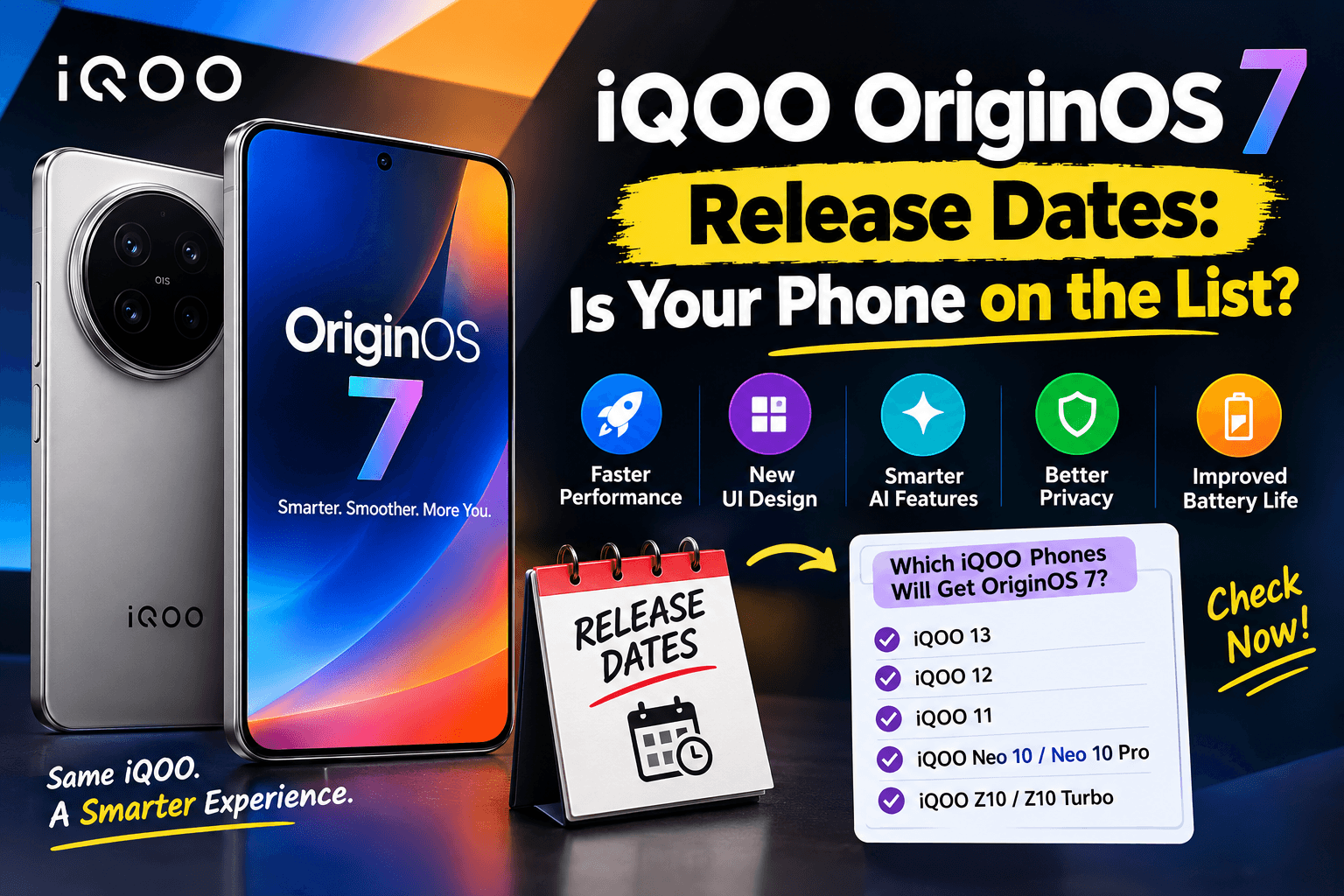 iQOO phone with OriginOS 7 update screen showing iqoo originos 7 release dates for India