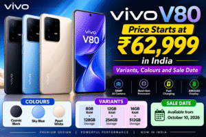 Vivo V80 price in India starts at ₹62,999, shown in Stellar Black, Horizon Blue and Sunrise Anthem